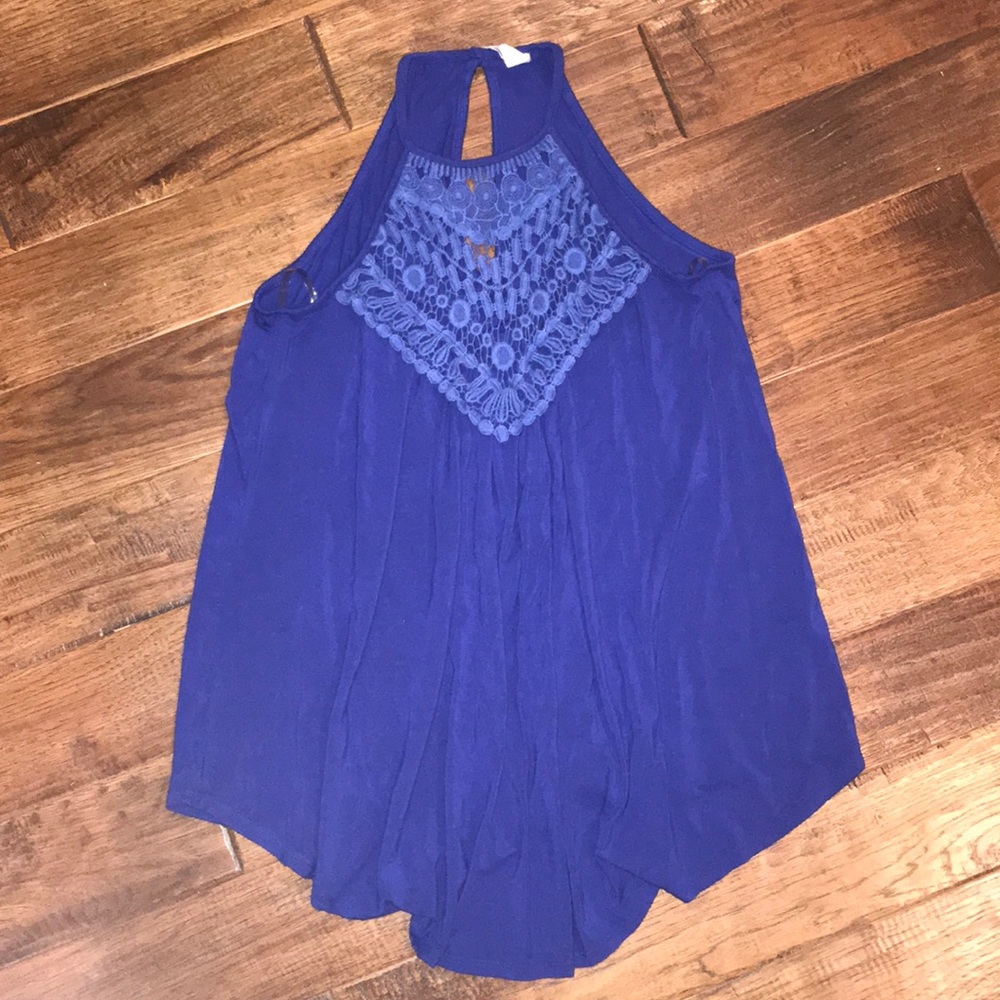 Blue halter neck cami, crochet neck detail